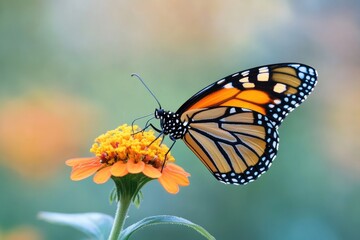 Obraz premium A monarch butterfly perched on a vibrant orange flower, its wings spread wide in a display of natural beauty.