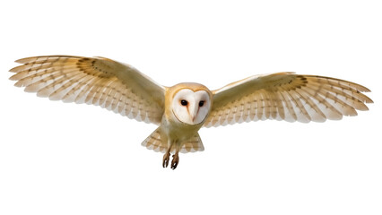 Barn owl flying PNG isolated on transparent background, nocturnal bird of prey with outstretched wings for wildlife and nature designs
