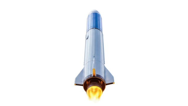 Silver space rocket launching with flames isolated PNG, futuristic spacecraft for science and technology concepts on transparent background - Powered by Adobe