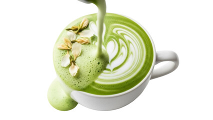 Matcha latte art with flower petals isolated PNG, creamy green tea drink being poured on transparent background for cafe menu