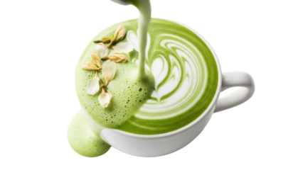 Matcha latte art with flower petals isolated PNG, creamy green tea drink being poured on transparent background for cafe menu