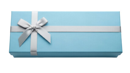 Light blue gift box with silver ribbon isolated PNG, present for special occasion or holiday celebration on transparent background