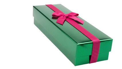 Green gift box with pink ribbon isolated PNG, present for Christmas or birthday on transparent background