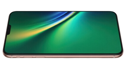 Modern smartphone with green abstract wallpaper isolated PNG, mobile device for communication and entertainment on transparent background