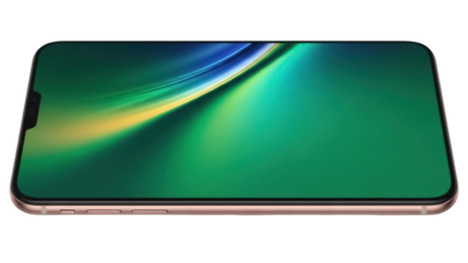 Modern smartphone with green abstract wallpaper isolated PNG, mobile device for communication and entertainment on transparent background