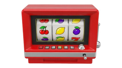Red slot machine PNG isolated on transparent background, gambling game with cherries, lemons, plums and lucky number 7 for casino and betting
