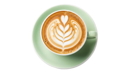 Latte art in a light green cup isolated PNG, coffee drink with heart and leaf design on transparent background, cafe beverage