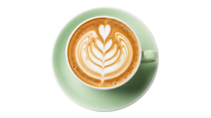 Latte art in a light green cup isolated PNG, coffee drink with heart and leaf design on transparent background, cafe beverage