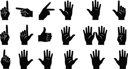 Collection of black hand silhouette icons showing various gestures, thumbs up, pointing fingers and open palms, isolated vector illustration for communication and human interaction
