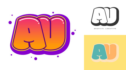 AU logo design for festival or party. Initial letter a and u in graffiti style. Creative modern lettering company name of font typography. Kids trendy logotype or identity.