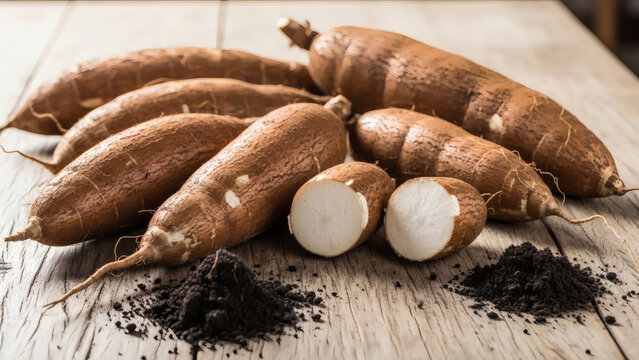 Fresh cassava (mandioca) roots on rustic wooden table, natural dirt texture, soft daylight