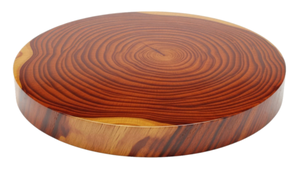 Close up view of a polished circular wooden slice with prominent growth rings and rich brown tones, showcasing natural patterns on a dark background
