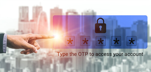 A hand reaches toward a digital OTP input screen with a city skyline backdrop, emphasizing the importance of security in online account access and modern technology. Gantry