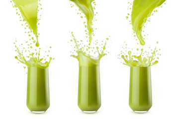 Pulpy green vegetable juices, streams of juice flowing into glasses with flying drops, splashing, isolated. Set of three glasses. Spinach, celery juice. Energy vitamin vegetable cocktail for design.
