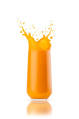 Fresh carrot or mango juice with dynamic splashes, flying drops in glass, closeup, isolated on white background. Healthy organic drink for design of detox diet menu, fitness cuisine or restaurant.