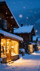 Fototapeta premium Warm wooden shop glowing at dusk on snowy village street, falling snowflakes against blue mountain background, concept of cozy winter holidays