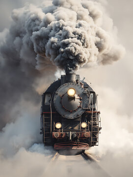 A powerful steam train speeding forward