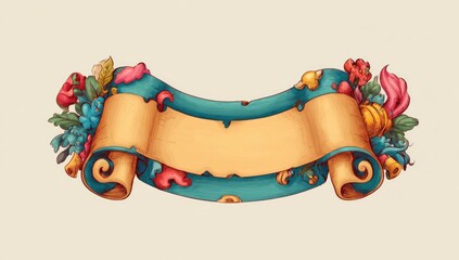 Cartoon Decorative Banner with Scrolls and Ribbons