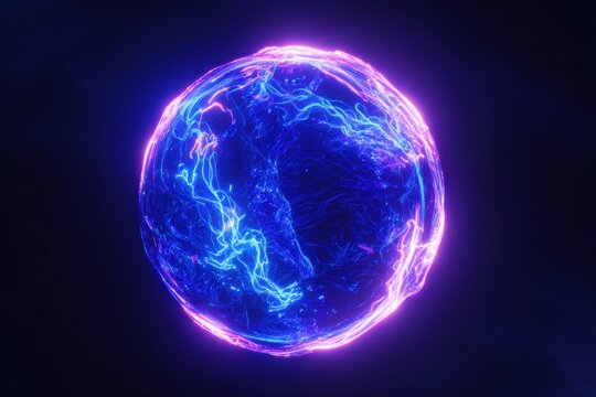 Glowing blue abstract representation of earth with vibrant electric purple light on dark background