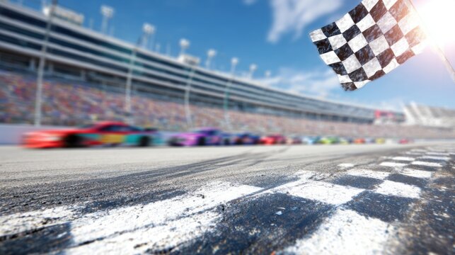 Race cars speed past the checkered flag at a busy motorsport event