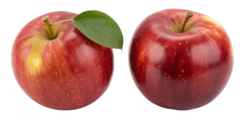 Two red apples with one leaf green leaf fruit isolated on a transparent background