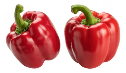 Two red bell peppers with green stems vegetables isolated on a transparent background
