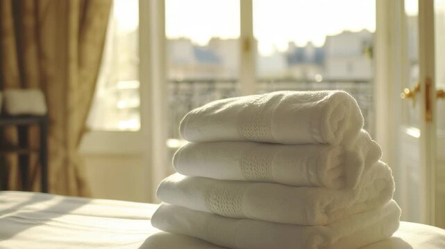 Clean white towels rest elegantly at a Parisian hotel room bathed in soft sunlight, Clean white towels at a Parisian hotel, slow motion
