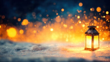 Warm light from lantern shines in snow during cold winter night