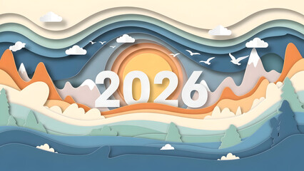 Detailed Paper Cut 2026 Landscape with Sharp Mountain Peaks