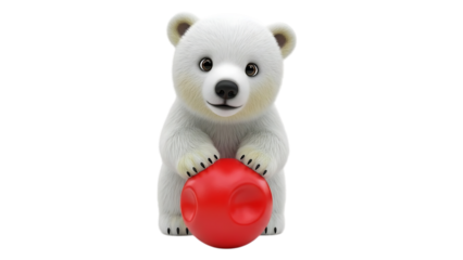 Cute polar bear cub holding red ball
