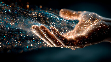 Digital Data Flow in Human Hand, Information Security and Futuristic Technology Concept