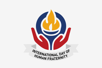 A vibrant logo for the International Day of Human Fraternity, featuring hands and a flame symbolizing unity and compassion
