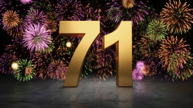 Gold number 71 with fireworks in the background. Festive scene for birthday or anniversary party