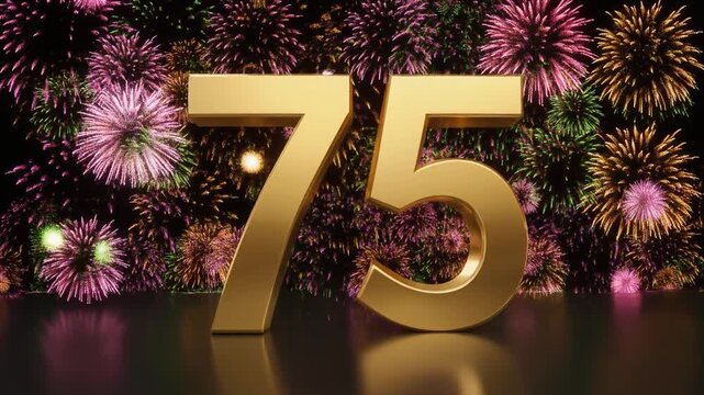 Gold number 75 with fireworks in the background. Festive scene for birthday or anniversary party