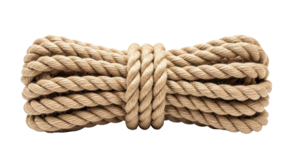 Thick, rustic, natural fiber rope coiled neatly with a central knot, showcasing a warm brown texture against a plain black background, highlighting its strong material.