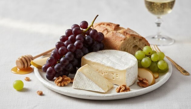 Classic French style cheese plate with brie grapes bread and white wine for romantic date night