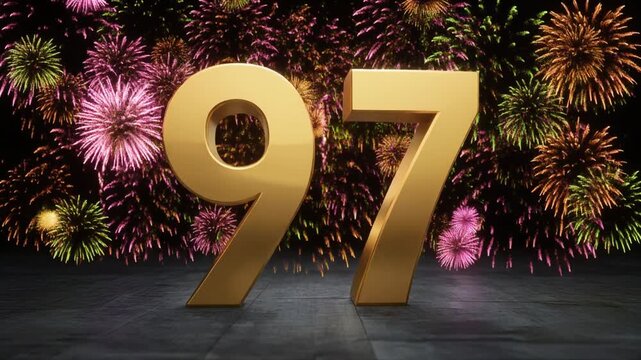 Gold number 97 with fireworks in the background. Festive scene for birthday or anniversary party