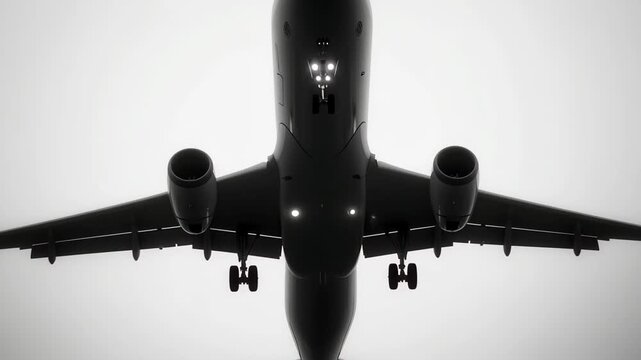 Commercial airplane landing in foggy weather viewed from below, Commercial airplane coming into land as viewed from underneath