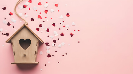 Wooden birdhouse with heart shaped hole and confetti on pink background