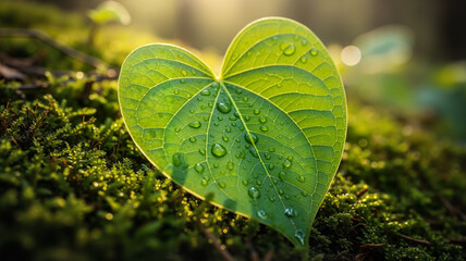 Close-up of a heart-shaped green leaf with raindrops, symbolizing love for nature on Earth Day