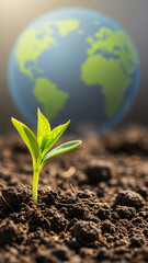 Young sprout emerging from soil with Earth in the background, symbolizing hope on Earth Day