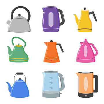Set of electric kettles, for gas and induction stoves. Kettle icon. Teapot. Electric kettle for home use in the kitchen. For boiling water for tea or coffee. Vector illustration
