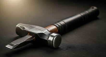 Naklejka premium Close-up of a sturdy hammer holding a chisel on a dark background