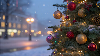 Christmas Tree With Baubles And Blurred Shiny Lights