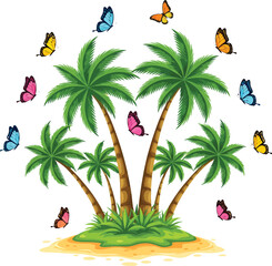 Colorful palm trees on a tropical island with birds flying around