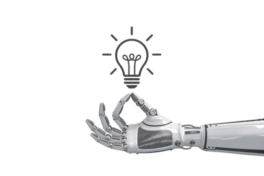 Robotic hand holding a lightbulb idea icon on transparent background, ideal png clipart for innovation concepts, brainstorming, creative strategy, startups and business decks online. - Powered by Adobe