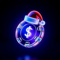 Futuristic neon dollar coin with santa hat