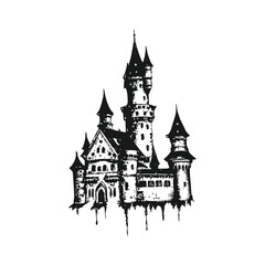 Fototapeta premium Black and white gothic castle illustration, medieval tower vintage grunge horror style vector art