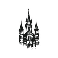 Obraz premium Black and white gothic castle illustration, medieval tower vintage grunge horror style vector art