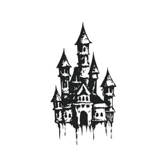 Obraz premium Black and white gothic castle illustration, medieval tower vintage grunge horror style vector art